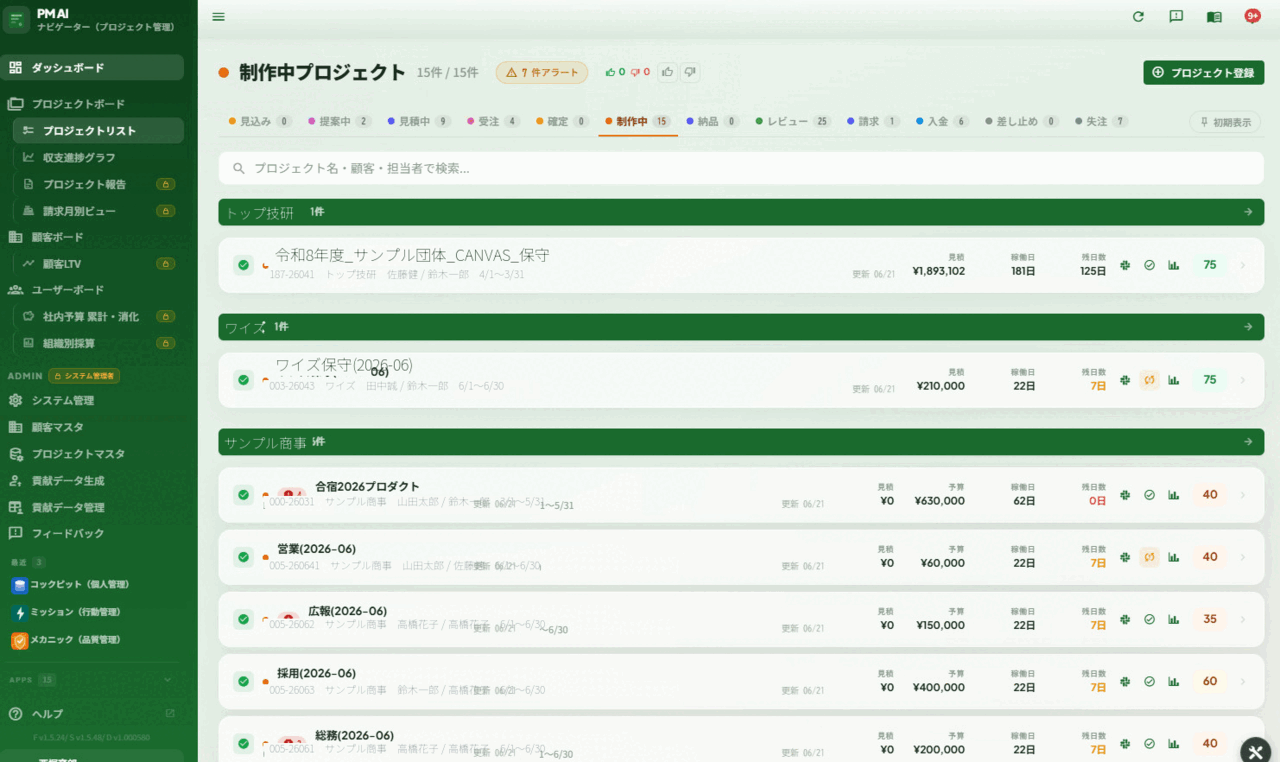 プロジェクト一覧画面：ステータス別にスコア付きで表示